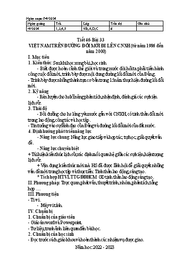 Kế hoạch bài dạy Giáo dục địa phương 9 - Bài 33: Việt Nam trên đường đổi mới đi lên CNXH (từ năm 1986 đến năm 2000) - Năm học 2022-2023 - Trường THCS Nguyễn Chuyên Mỹ