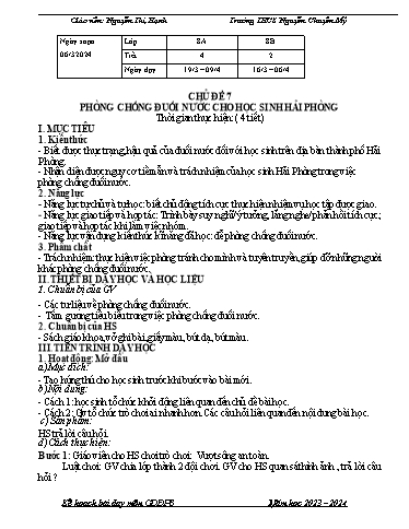 Kế hoạch bài dạy Giáo dục địa phương 9 - Chủ đề 7: Phóng chống đuối nước cho học sinh Hải Phòng - Năm học 2023-2024 - Nguyễn Thị Hạnh
