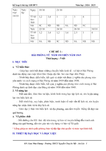 Kế hoạch bài dạy Giáo dục địa phương 9 (Kết nối tri thức) - Chủ đề 1: Hải Phòng từ năm 1919 đến năm 1945 - Năm học 2024-2025 - Lưu Nha Chang