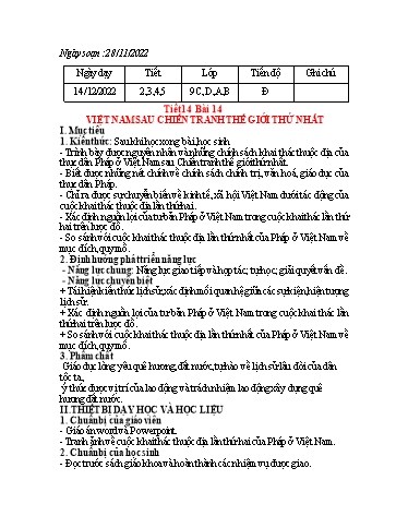 Kế hoạch bài dạy Lịch sử 9 - Bài 14: Việt Nam sau chiến tranh thế giới thứ nhất - Năm học 2022-2023 - Trường THCS Nguyễn Chuyên Mỹ