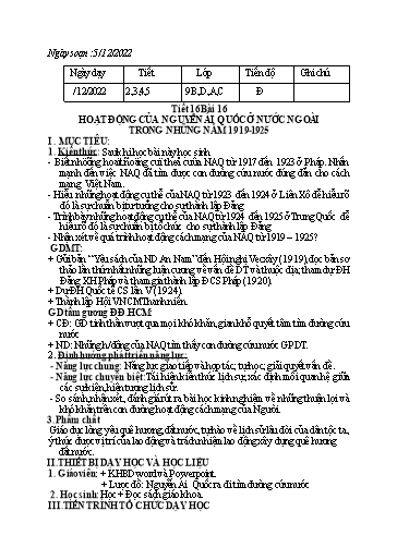 Kế hoạch bài dạy Lịch sử 9 - Bài 16: Hoạt động của Nguyễn Ái Quốc ở nước ngoài trong những năm 1919-1925 - Năm học 2022-2023 - Trường THCS Nguyễn Chuyên Mỹ