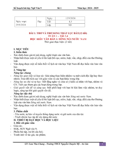 Kế hoạch bài dạy Ngữ văn 9 - Bài 1: Thơ và thơ song thất lục bát. Đọc hiểu văn bản Sông núi nước Nam - Năm học 2024-2025 - Lưu Nha Chang