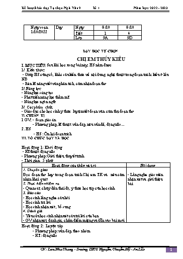Kế hoạch bài dạy Ngữ văn 9 - Bài: Chị em Thúy Kiều - Năm học 2022-2023 - Lưu Nha Chang