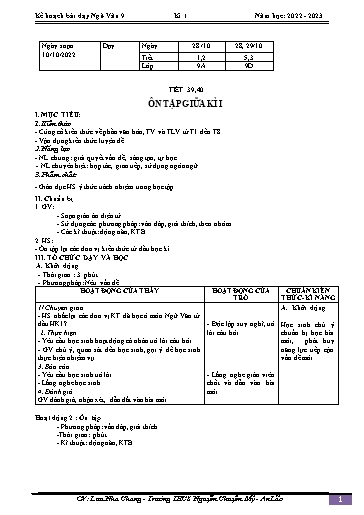 Kế hoạch bài dạy Ngữ văn 9 - Bài: Ôn tập giữa học kì 1 - Năm học 2022-2023 - Lưu Nha Chang