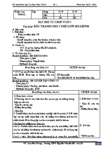 Kế hoạch bài dạy Ngữ văn 9 - Bài: Văn bản Đấu tranh cho 1 thế giới Hòa Bình - Năm học 2022-2023 - Lưu Nha Chang