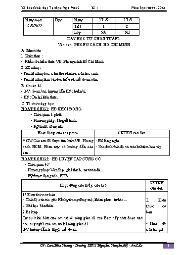Kế hoạch bài dạy Ngữ văn 9 - Bài: Văn bản Phong cách Hồ Chí Minh - Năm học 2022-2023 - Lưu Nha Chang