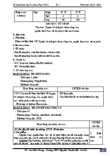 Kế hoạch bài dạy Ngữ văn 9 - Bài: Văn bản Tuyên bố thế giớ về sự sống còn, quyền được bảo vệ bà phát triển của trẻ em - Năm học 2022-2023 - Lưu Nha Chang