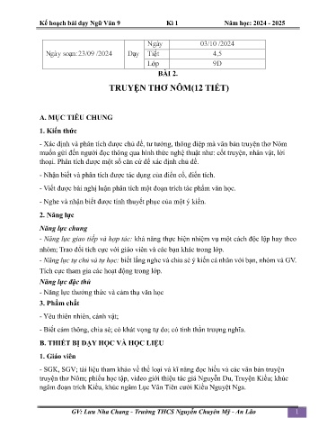 Kế hoạch bài dạy Ngữ văn 9 (Cánh diều) - Bài 2: Truyện thơ nôm - Năm học 2024-2025 - Lưu Nha Chang
