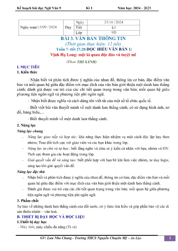 Kế hoạch bài dạy Ngữ văn 9 (Cánh diều) - Bài 3: Văn bản thông tin. Đọc hiểu văn bản Vịnh Hạ Long: Một kì quan độc đáo và tuyệt mĩ - Năm học 2024-2025 - Lưu Nha Chang