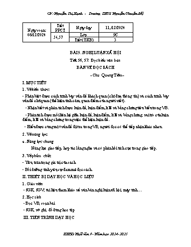 Kế hoạch bài dạy Ngữ văn 9 (Cánh diều) - Bài 5: Đọc hiểu văn bản Bàn về đọc sách - Năm học 2024-2025 - Nguyễn Thị Hạnh