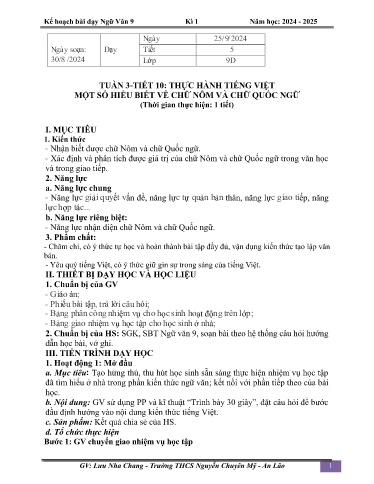 Kế hoạch bài dạy Ngữ văn 9 (Cánh diều) - Tuần 3 - Tiết 10: Một số hiểu biết về chữ nôm và chữ quốc ngữ - Năm học 2024-2025 - Lưu Nha Chang