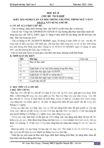 Kế hoạch bài dạy Ngữ văn 9 - Chủ đề: Kiểu bài nghị luận xã hội trong chương trình ngữ văn 9 - Năm học 2023-2024 - Lưu Nha Chang