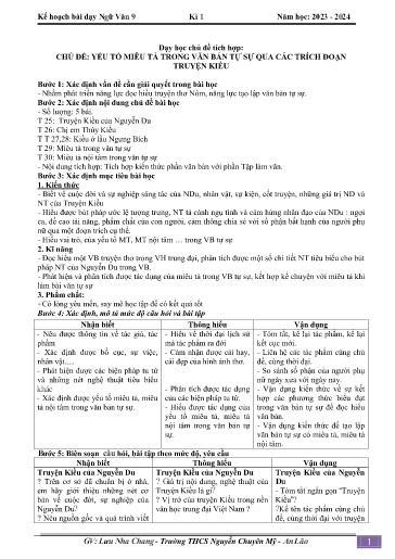 Kế hoạch bài dạy Ngữ văn 9 - Chủ đề: Yếu tố miêu tả trong văn bản tự sự qua các trích đoạn truyện kiều - Năm học 2023-2024 - Lưu Nha Chang