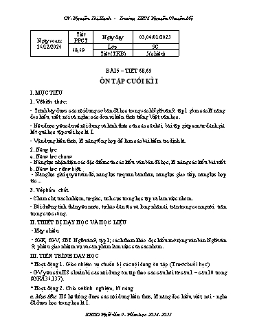 Kế hoạch bài dạy Ngữ văn 9 (Kết nối tri thức) - Bài 5: Ôn tập cuối kì 1 - Năm học 2024-2025 - Nguyễn Thị hạnh