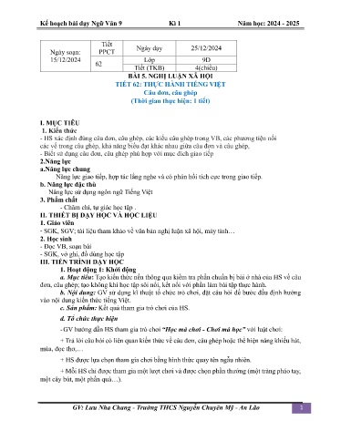 Kế hoạch bài dạy Ngữ văn 9 (Kết nối tri thức) - Bài 5: Thực hành tiếng Việt. Câu đơn, câu ghép - Năm học 2024-2025 - Lưu Nha Chang