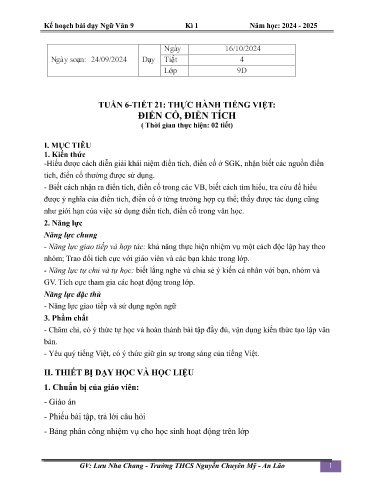 Kế hoạch bài dạy Ngữ văn 9 (Kết nối tri thức) - Bài: Thực hành tiếng việt. Điển cổ, điển tích - Năm học 2024-2025 - Lưu Nha Chang