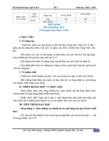Kế hoạch bài dạy Ngữ văn 9 (Kết nối tri thức) - Tiết 68+69 - Bài: Ôn tập học kì 1 - Năm học 2024-2025 - Lưu Nha Chang