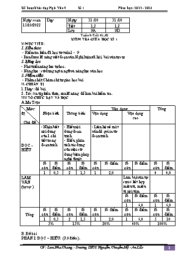 Kế hoạch bài dạy Ngữ văn 9 - Kiểm tra giữa học kì 1 - Năm học 2022-2023 - Lưu Nha Chang