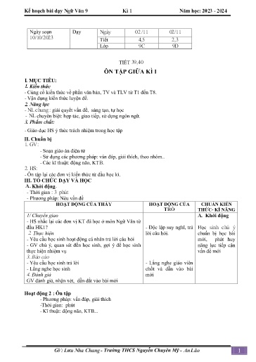 Kế hoạch bài dạy Ngữ văn 9 - Tiết 39+40 - Bài: Ôn tập giữa học kì 1 - Năm học 2023-2024 - Lưu Nha Chang