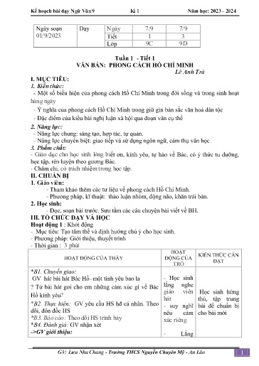 Kế hoạch bài dạy Ngữ văn 9 - Tuần 1 - Tiết 1: Phong cách Hồ Chí Minh - Lưu Nha Chang