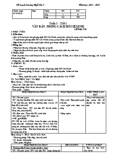 Kế hoạch bài dạy Ngữ văn 9 - Tuần 1 - Tiết 1: Văn bản Phong cách Hồ Chí Minh - Năm học 2022-2023 - Trường THCS Nguyễn Chuyên Mỹ