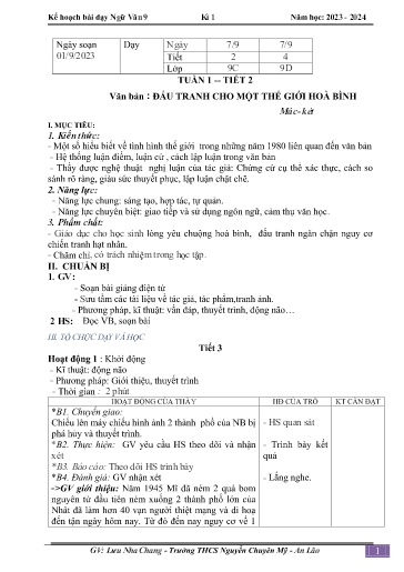 Kế hoạch bài dạy Ngữ văn 9 - Tuần 1 - Tiết 2: Đấu tranh cho một thế giới Hòa Bình - Lưu Nha Chang