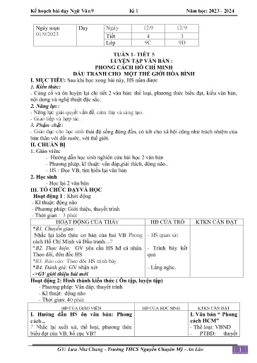 Kế hoạch bài dạy Ngữ văn 9 - Tuần 1 - Tiết 5: Luyện tập văn bản Phong cách Hồ Chí Minh đấu tranh cho một thế giới Hòa Bình - Lưu Nha Chang