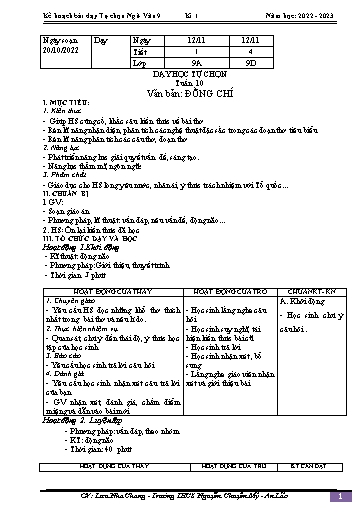Kế hoạch bài dạy Ngữ văn 9 - Tuần 10 - Bài: Văn bản Đồng chí - Năm học 2022-2023 - Lưu Nha Chang
