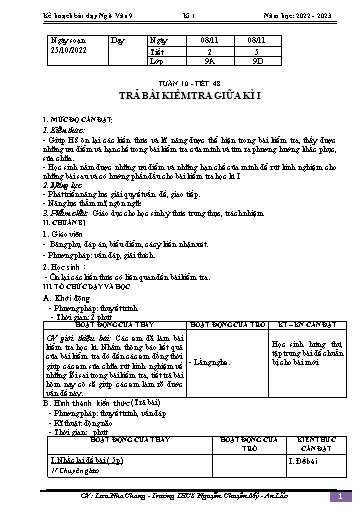 Kế hoạch bài dạy Ngữ văn 9 - Tuần 10 - Tiết 48: Trả bài kiểm tra giữa kì 1 - Năm học 2022-2023 - Lưu Nha Chang