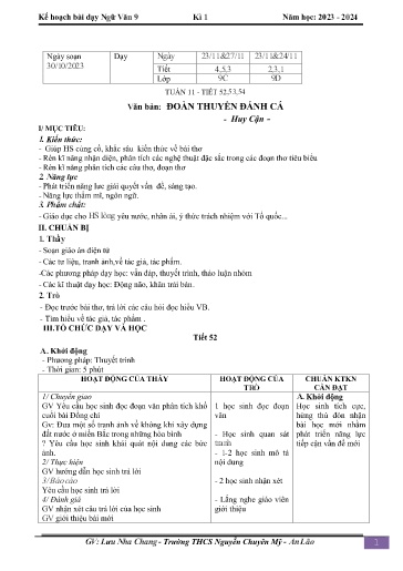 Kế hoạch bài dạy Ngữ văn 9 - Tuần 11 - Tiết 52-54: Văn bản Đoàn thuyền đánh cá - Năm học 2023-2024 - Lưu Nha Chang