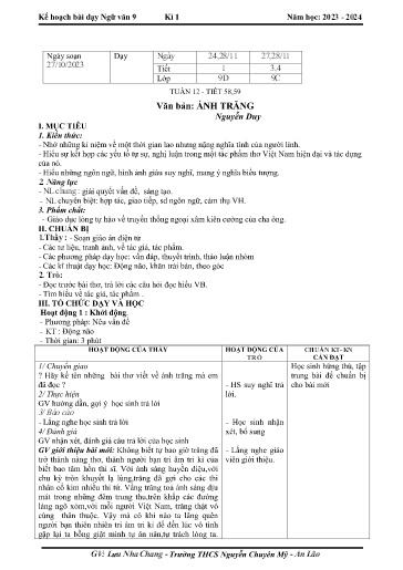 Kế hoạch bài dạy Ngữ văn 9 - Tuần 12 - Tiết 58+59: Văn bản Ánh trăng - Năm học 2023-2024 - Lưu Nha Chang