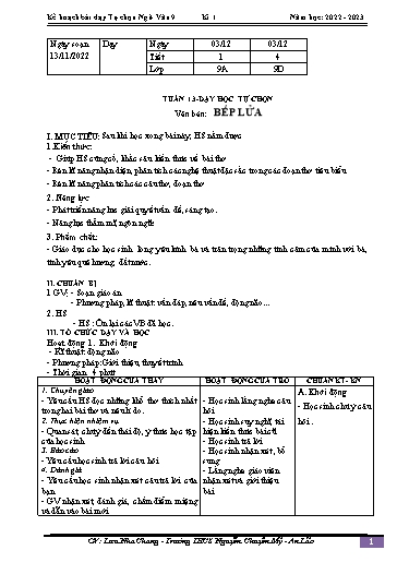 Kế hoạch bài dạy Ngữ văn 9 - Tuần 13 - Bài: Dạy học tự chọn. Văn bản Bếp lửa - Năm học 2022-2023 - Lưu Nha Chang