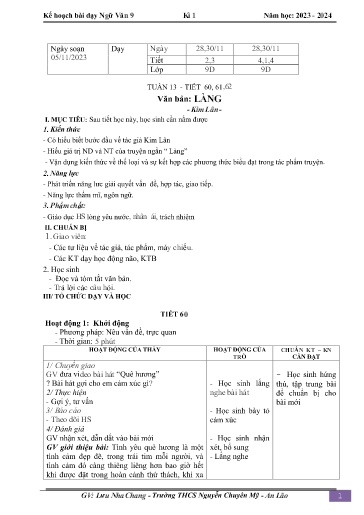 Kế hoạch bài dạy Ngữ văn 9 - Tuần 13 - Tiết 60-62: Văn bản Làng - Năm học 2023-2024 - Lưu Nha Chang