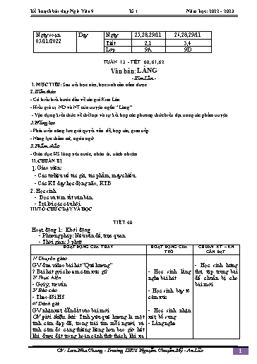 Kế hoạch bài dạy Ngữ văn 9 - Tuần 13 - Tiết 60-62: Văn bản Làng - Năm học 2022-2023 - Lưu Nha Chang
