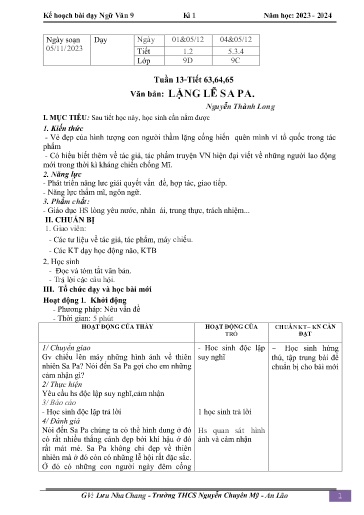 Kế hoạch bài dạy Ngữ văn 9 - Tuần 13 - Tiết 63-65: Văn bản Lặng lẽ SaPa - Năm học 2023-2024 - Lưu Nha Chang