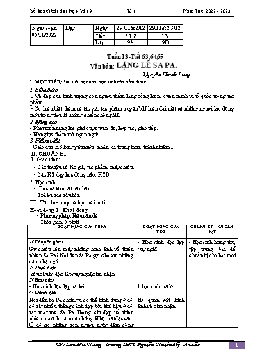 Kế hoạch bài dạy Ngữ văn 9 - Tuần 13 - Tiết 63-65: Văn bản Lặng lẽ SaPa - Năm học 2022-2023 - Lưu Nha Chang