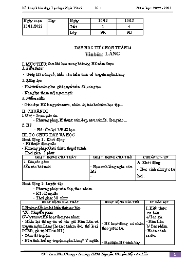 Kế hoạch bài dạy Ngữ văn 9 - Tuần 14 - Bài: Dạy học tự chọn. Văn bản Làng - Năm học 2022-2023 - Lưu Nha Chang