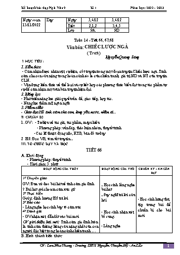 Kế hoạch bài dạy Ngữ văn 9 - Tuần 14 - Tiết 66-68: Văn bản Chiếc lược Ngà - Năm học 2022-2023 - Lưu Nha Chang