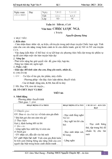 Kế hoạch bài dạy Ngữ văn 9 - Tuần 14 - Tiết 66-68: Văn bản Chiếc lược Ngà - Năm học 2023-2024 - Lưu Nha Chang