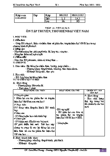 Kế hoạch bài dạy Ngữ văn 9 - Tuần 14 - Tiết 69-71: Ôn tập truyện, thơ hiện đại Việt Nam - Năm học 2022-2023 - Lưu Nha Chang
