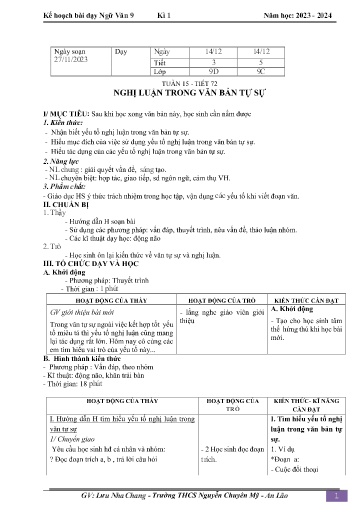 Kế hoạch bài dạy Ngữ văn 9 - Tuần 15 - Tiết 72: Nghị luận trong văn bản tự sự - Năm học 2023-2024 - Lưu Nha Chang