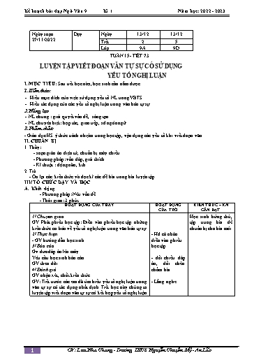 Kế hoạch bài dạy Ngữ văn 9 - Tuần 15 - Tiết 73: Luyện tập viết đoạn văn tự sự có sử dụng yếu tố nghị luận - Năm học 2022-2023 - Lưu Nha Chang