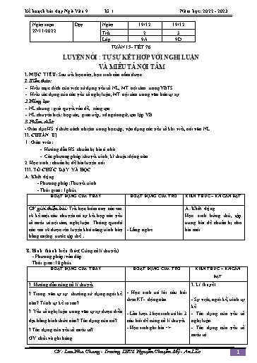 Kế hoạch bài dạy Ngữ văn 9 - Tuần 15 - Tiết 76: Luyện nói tự sự kết hợp với nghị luận và miêu tả nội tâm - Năm học 2022-2023 - Lưu Nha Chang