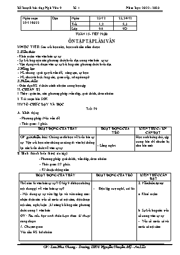 Kế hoạch bài dạy Ngữ văn 9 - Tuần 15 - Tiết 79+80: Ôn tập tập làm văn - Năm học 2022-2023 - Lưu Nha Chang