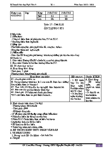 Kế hoạch bài dạy Ngữ văn 9 - Tuần 17 - Tiết 83+84: Ôn tập học kì 1 - Năm học 2022-2023 - Lưu Nha Chang