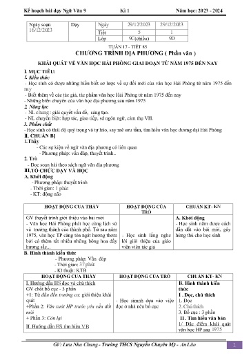 Kế hoạch bài dạy Ngữ văn 9 - Tuần 17 - Tiết 85: Chương trình địa phương (phần văn) - Năm học 2023-2024 - Lưu Nha Chang