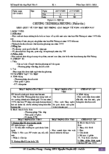 Kế hoạch bài dạy Ngữ văn 9 - Tuần 17 - Tiết 85: Chương trình địa phương (phần văn) - Năm học 2022-2023 - Lưu Nha Chang