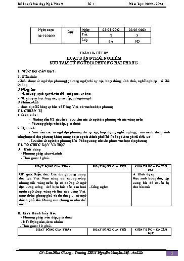 Kế hoạch bài dạy Ngữ văn 9 - Tuần 18 - Tiết 87: Hoạt động trải nghiệm sưu tầm từ ngữ địa phương Hải Phòng - Năm học 2022-2023 - Lưu Nha Chang