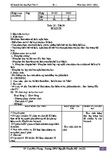 Kế hoạch bài dạy Ngữ văn 9 - Tuần 18 - Tiết 89: Bi kịch - Năm học 2022-2023 - Lưu Nha Chang