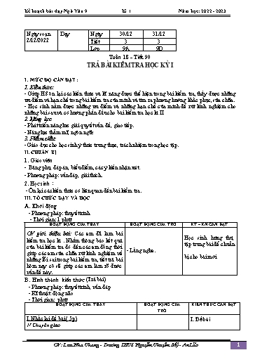 Kế hoạch bài dạy Ngữ văn 9 - Tuần 18 - Trả bài kiểm tra học kỳ 1 - Năm học 2022-2023 - Lưu Nha Chang